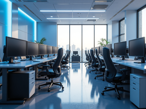 科技公司办公场景，现代化办公室内技术人员正在工作，蓝色背景灯光，展现专业科技氛围