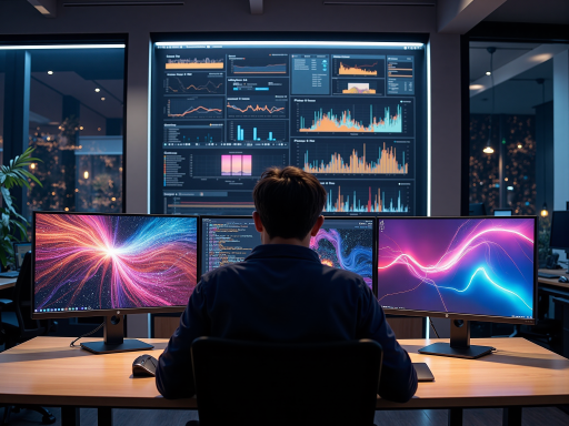 技术团队工作场景，技术人员正在操作多屏显示器进行编程开发，展现专业技术实力